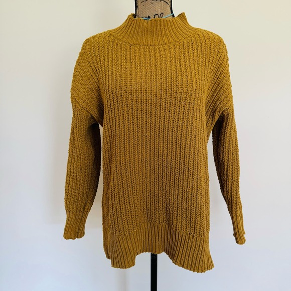 AERIE Oversized Chunky Golden Mustard Yellow Chenille Cozy Mock Neck Sweater S - Picture 5 of 13